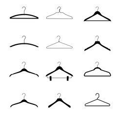 Wooden, plastic and metal wire coat hangers, clothes hanger silhouette on a white background