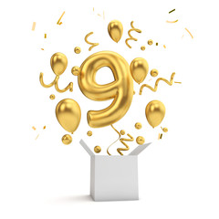 Happy 9th birthday gold surprise balloon and box. 3D Rendering
