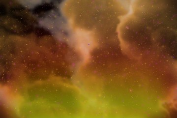 Abstract dynamic fantasy orange space and stars colorful background with sparks and clouds