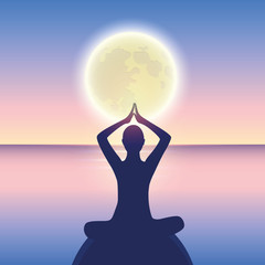 peaceful meditation on a calm sea at moonlight vector illustration EPS10