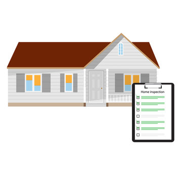 Home Inspection Checklist Paper On Clipboard And House Home Building. Real Estate Inspection Report