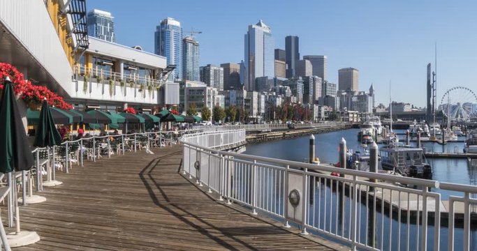 Time lapse of Waterfront, harbour and City skyline from near Pike Place Market, Seattle, Washington, USA, North America