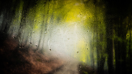 Water droplets on a window pane with beautiful defocused scenery outside.