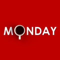 Top view of a cup of coffee in the form of monday isolated on red background, Coffee concept illustration, 3d rendering