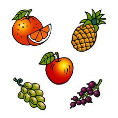fruit set, apple, pineapple, orange, grapes, currant, color clipart