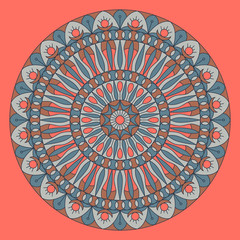 Geometric folklore ornament. Circular pattern in vintage style. The illustration is made in fashionable colors of 2019