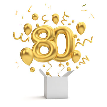Happy 80th birthday gold surprise balloon and box. 3D Rendering