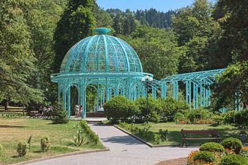 Pavilion above the Yekaterininskiy Spring of mineral water in the Borjomi Central Park, Georgia....