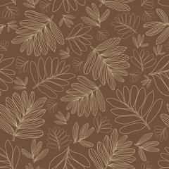 Vector line art leaves seamless pattern on brown background