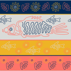 Fish and shells. Point Art. Australian Aboriginal art. Limited color palette. Horizontal stripes.