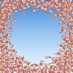 Russian ruble notes falling. Small RUB bills on bl