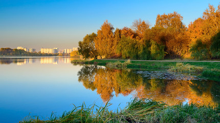 Golden autumn on the city lake, Moscow, Russia