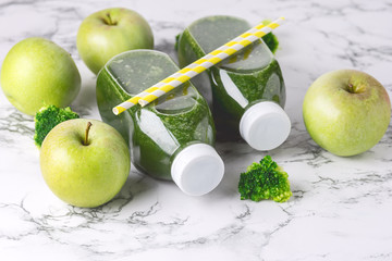 Healthy Detox Green Smoothie with Green Apples and Ripe Broccoli in Bottles Healthy Diet Food Drink Horizontal Toned