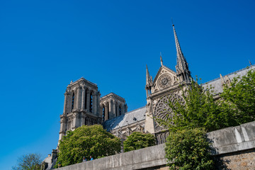 Exterior view of the famous Notre-Dame Cathedral via the rivier