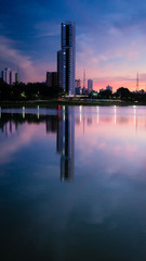 Colorful building reflections on the lake