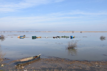 small fishing pier, stay in the lake after flood