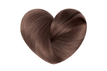 Brown hair knot in shape of heart, isolated on white background. Care concept.