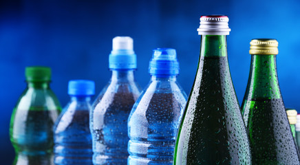 Different sorts of bottles containing mineral water