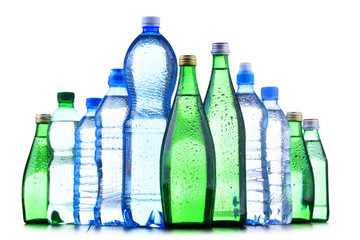 Different sorts of bottles containing mineral water