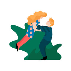 Young Man Holding His Girlfriend By Waist, raising her up, Romantic Couple Walking on Park, Happy Lovers on Date Vector Illustration