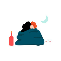 Young Man and Woman Wrapped in Blanket Embracing Each Other at Night Picnic, Romantic Couple, Happy Lovers on Date Vector Illustration