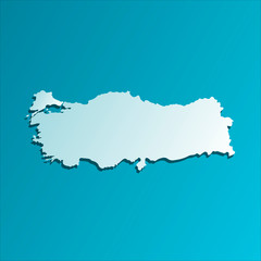 Simplified map of Turkey. Vector isolated illustration icon with light blue silhouette. Bright blue background with shadow