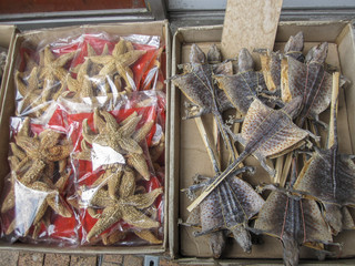 Dried food for sell in street market. Hong Kong, local food. Dried food is a common ingredient in...