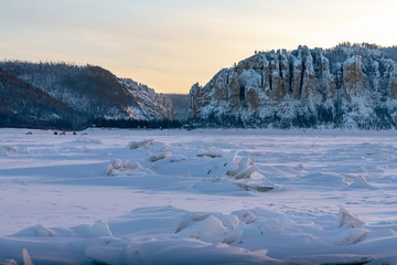 Lena Pillars at sunset on the Lena river in the Natural Park Lenskie Stolby (Lena Pillars), Yakutia, Russia