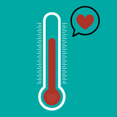 Thermometer and red heart icon in speech bubble flat design