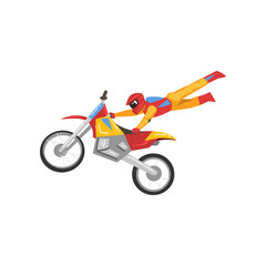 Motorcyclist Riding Motorcycle, Motocross Racing, Motorbiker Male Character Performing Trick Vector Illustration