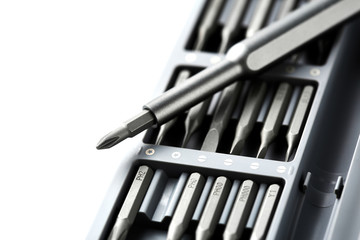 Set of bits for screwdriver. Metal bits for screwdriver. Tool set for household use. Nozzles and adapters for screwdrivers. Head different size hex driver.