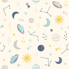Cosmos. Seamless childish pattern with sun, moon, planets and star