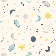 Sierkussen Kosmos. Naadloos kinderachtig patroon met zon, maan, planeten en ster © Maryco