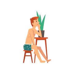Young Man Sitting at Small Table and Dreaming, Guy Spending Weekend at Home and Relaxing, Rest at Home Vector Illustration