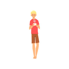 Young Man Standing with Cup of Tea, Guy Spending Weekend at Home and Relaxing, Rest at Home Vector Illustration