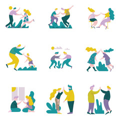 Young Men and Women Giving High Five to Each Other Set, Male and Female Characters Having Fun, Human Interaction, Friendship, Teamwork, Cooperation Vector Illustration