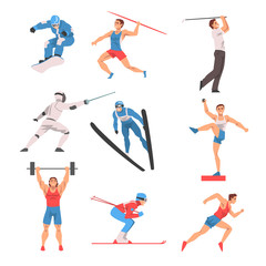 Male Athlete Character in Sports Uniform set, Golf Player, Snowboarder, Javelin Thrower, Fencer, Shot Putter, Weightlifter, Skier Vector Illustration - obrazy, fototapety, plakaty