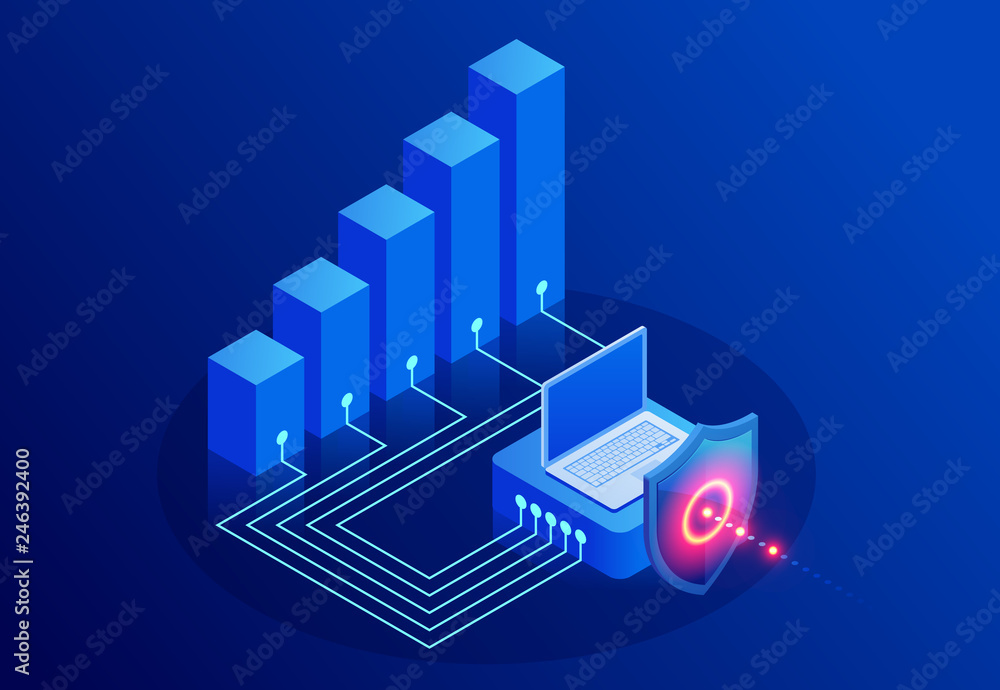 Poster isometric protection network security and safe your data concept. web page design templates cybersec