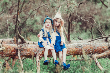 Naklejka na ściany i meble Two cheerful baby girls in gnome's costumes in summer forest