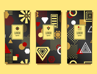 Set templates flyers banners labels with abstract geometric pattern  in black gold red colors and Memphis style for advertising different things