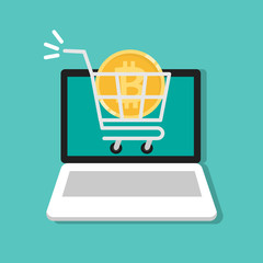 Shopping cart with golden bitcoin on laptop, computer symbol in flat cartoon design