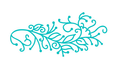 Fototapeta na wymiar Turquoise monoline scandinavian folk flourish vector with leaves and flowers. Corners and dividers for Valentines Day, wedding, birthday greeting card