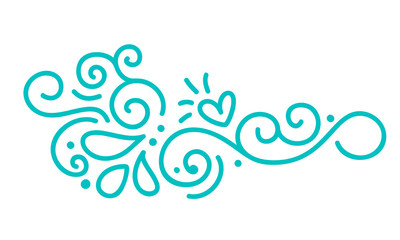 Turquoise monoline scandinavian folk flourish vector with leaves and flowers. Corners and dividers for Valentines Day, wedding, birthday greeting card
