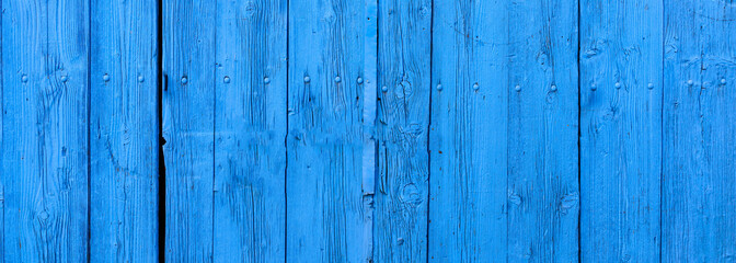 Wooden planks, blue color painted, with nails, floor or wall, bannerr