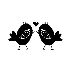 Cute cartoon hand drawn birds kissing icon. Sweet vector black and white birds kissing icon. Isolated monochrome doodle birds kissing icon on white background.