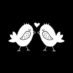 Cute cartoon hand drawn birds kissing symbol. Sweet vector black and white birds kissing symbol. Isolated monochrome doodle birds kissing symbol on black background.