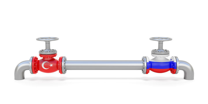 Pipe line and valves (faucets) with national flags of Russia and Turkey. Transportation or delivery of natural gas or petroleum on pipeline between supplier and importer