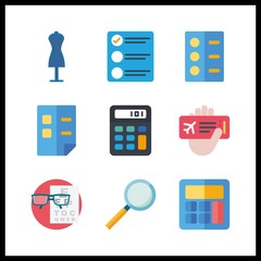 Fototapeta premium 9 check icon. Vector illustration check set. plane ticket and loupe icons for check works