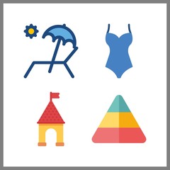 4 sand icon. Vector illustration sand set. swimsuit and sunbed icons for sand works