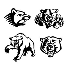grizzly bear wild beast set of drawings, black and white clipart
